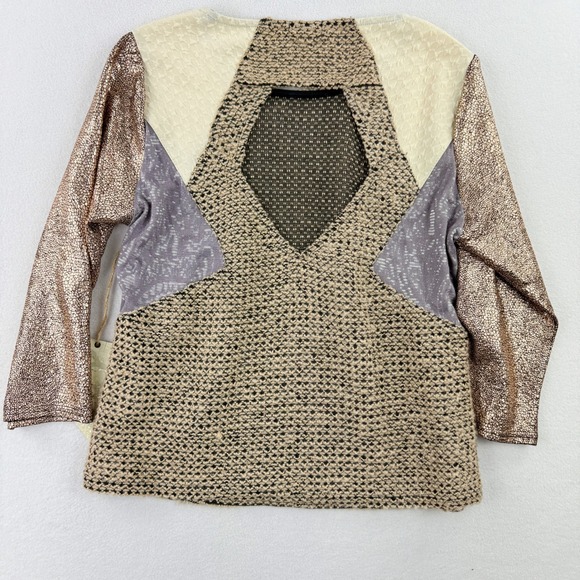 BDE GIMMICKS Tweed Gold Abstract Long Sleeve Top Size S Womens Tan Gold NEW - Picture 2 of 8